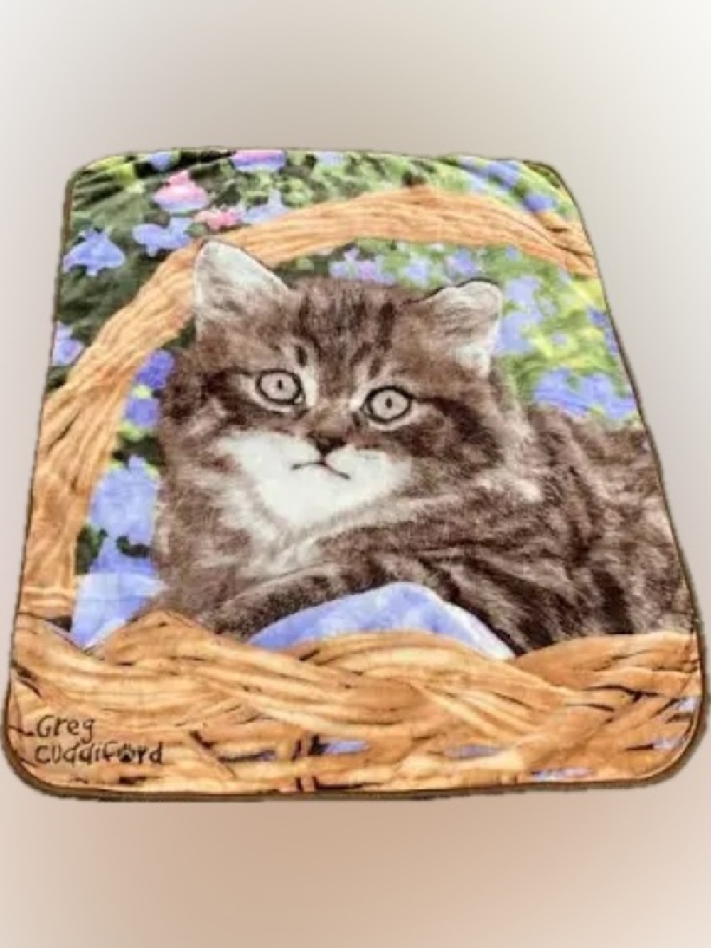 Greg Cuddiford” Kitten in Basket” Large Plush Blanket 48 x 60”